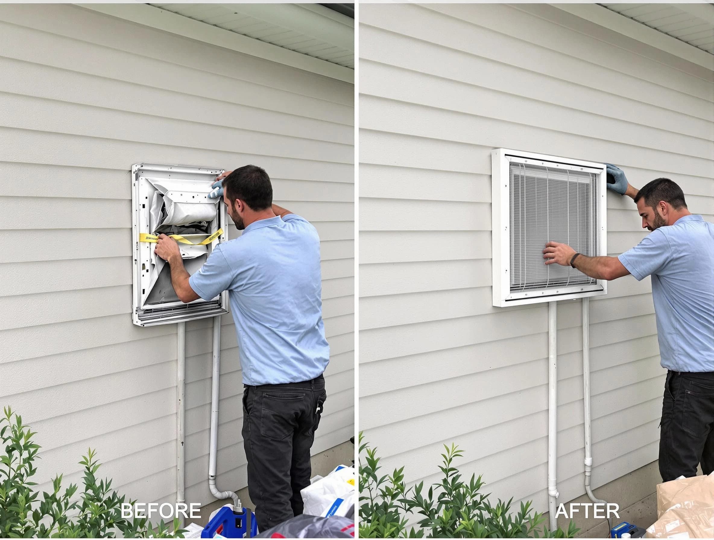 West Point Dryer Vent Cleaning technician installing high-quality dryer vent cover at a residential property in West Point